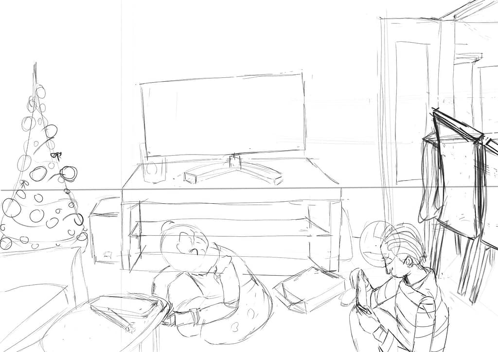 Croquis de Noël représentant des enfants à la maison, illustrant une poésie chrétienne de Noël sur le partage et la grâce.