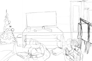 Croquis de Noël représentant des enfants à la maison, illustrant une poésie chrétienne de Noël sur le partage et la grâce.